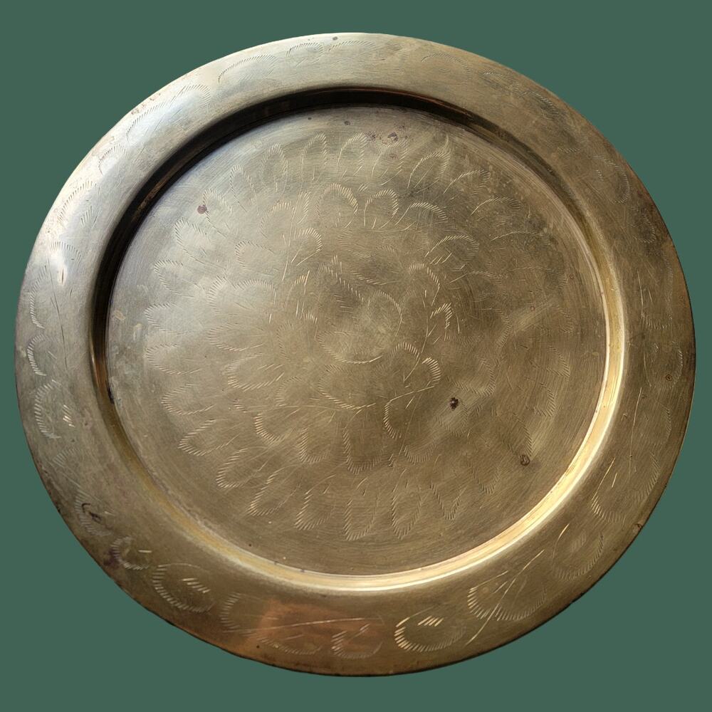 Vintage 1970s Solid Brass Decorative Tray with Etched Floral Pattern